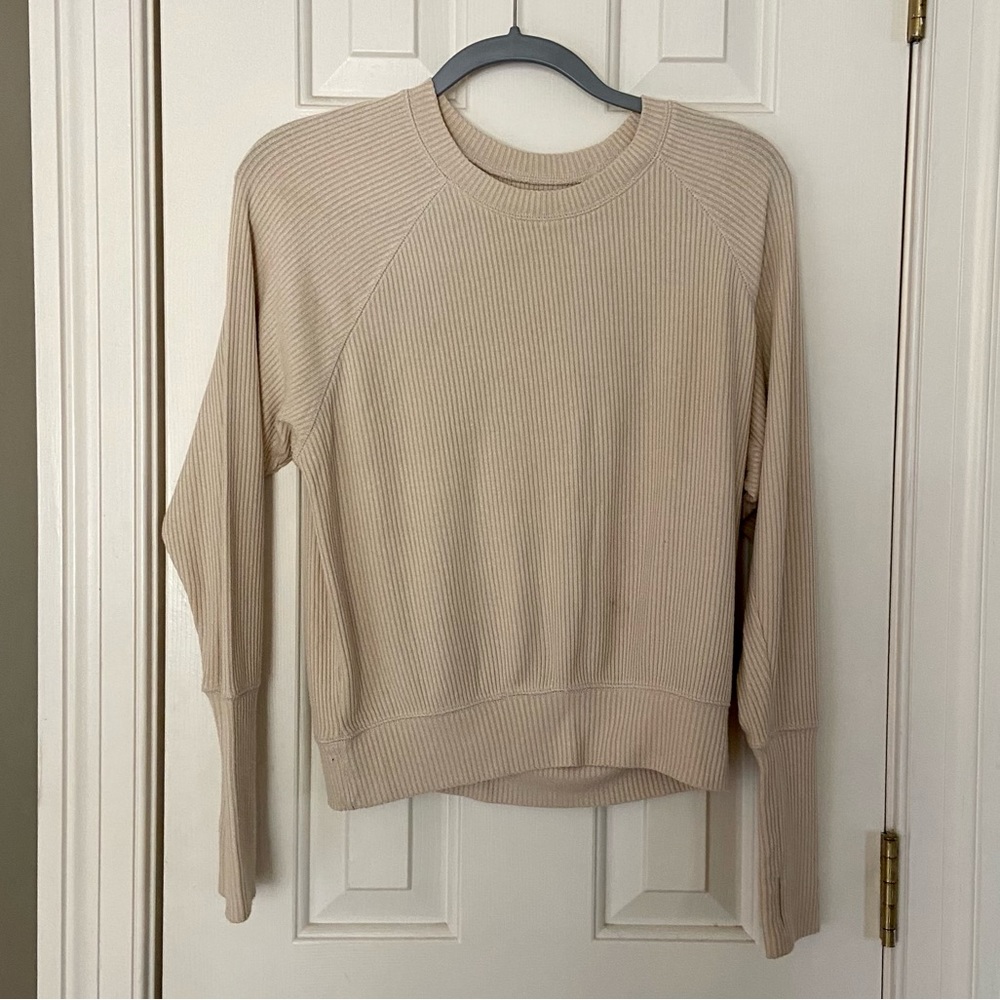 Cream Ribbed Offline Long Sleeve Sweatshirt with Thumb Holes